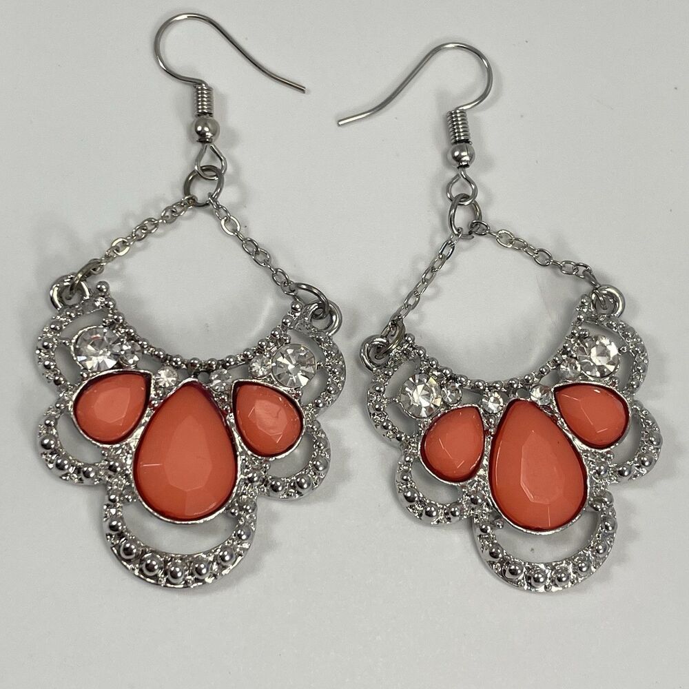 Silver Tone Orange White Rhinestone Statement Bold Dangle Earrings Hook Setting